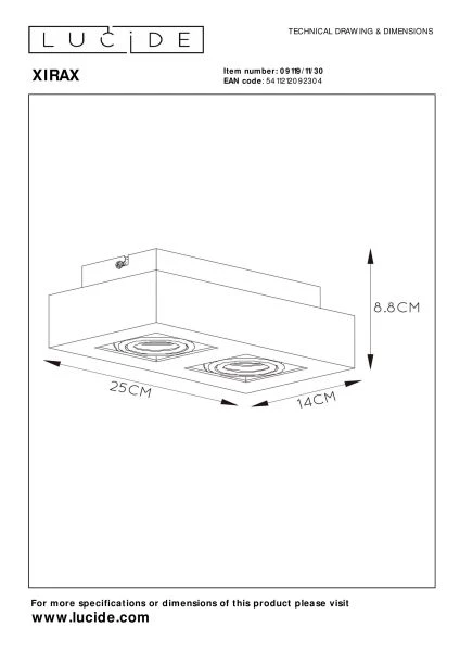 Lucide XIRAX - Plafondspot - LED Dim to warm - GU10 - 2x5W 2200K/3000K - Zwart - technisch